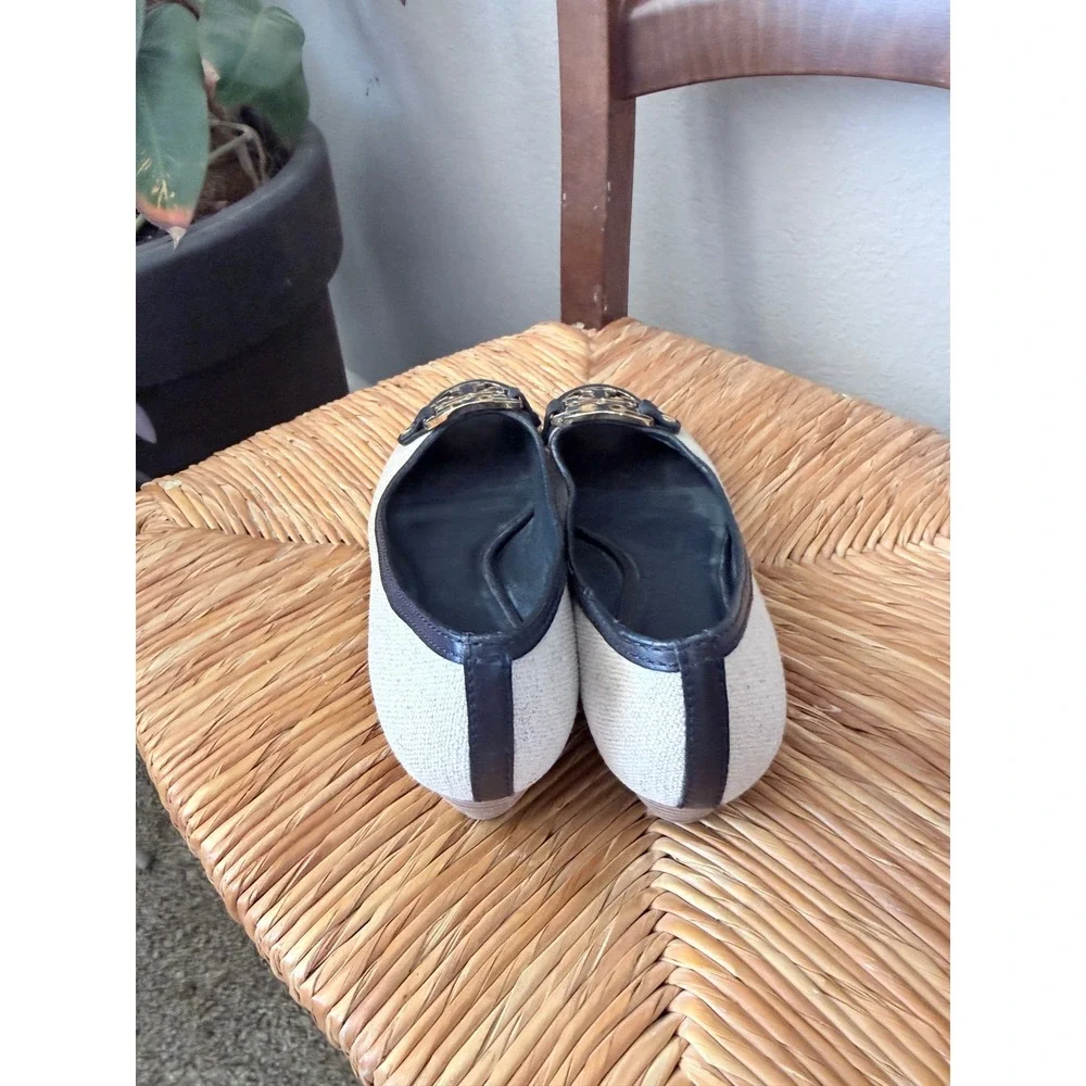 Tory Burch Peep Toe Wedge Pumps Canvas Leather Tan Black Logo Size 8.5M